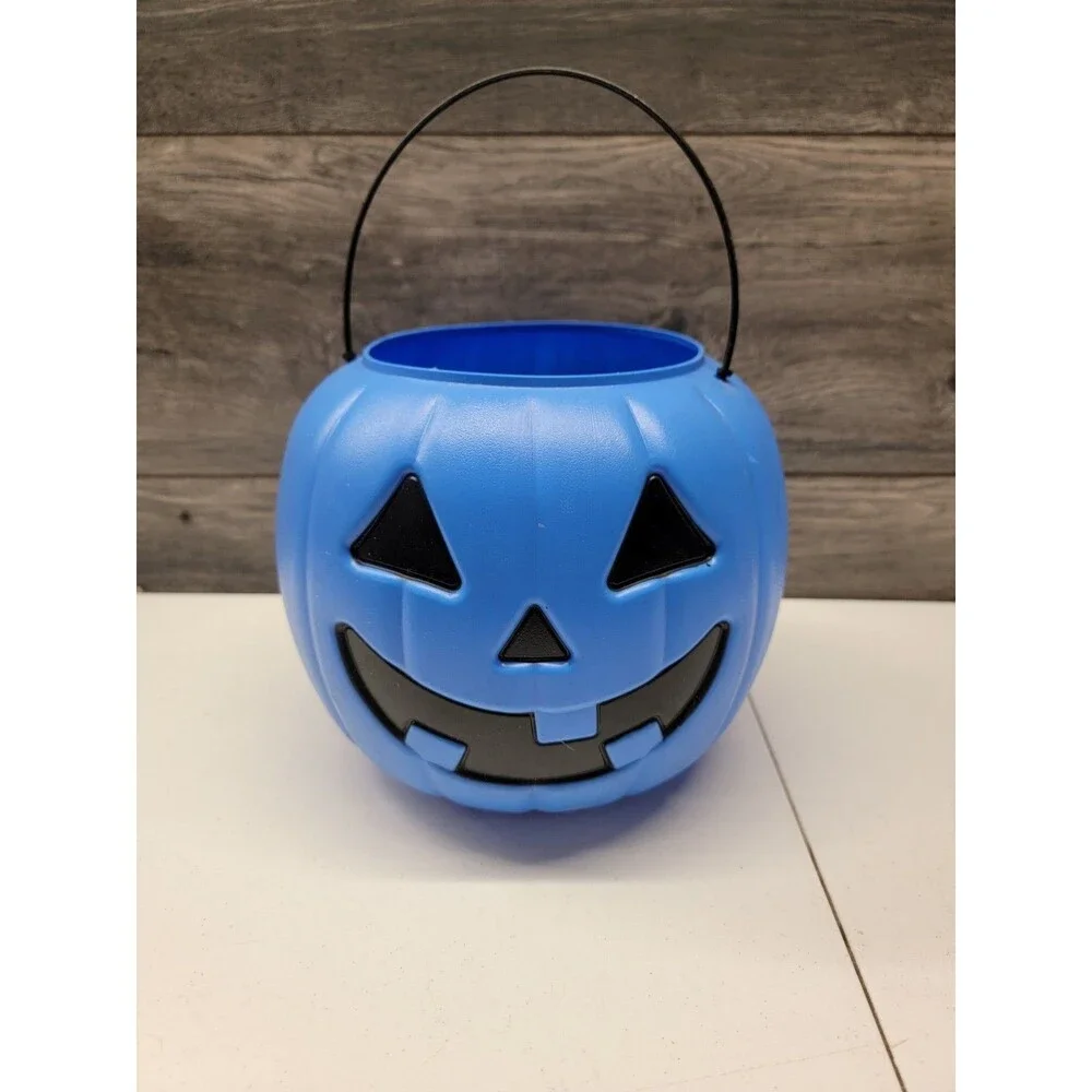 Vtg Blue Halloween Pumpkin Blow Mold Bucket Pail Trick-or-treat USA Gen Foam